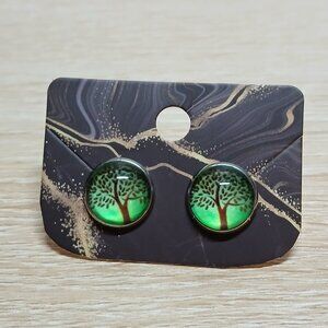 Handmade Silver Tone with Green Tree of Life Stud Earrings Fashion Jewelry #86